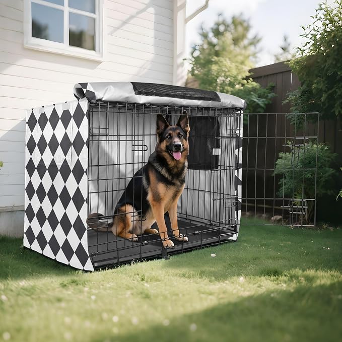 Dog Crate Cover Kennel Cover for Dog Cages Breathable for Wire Cage Indoor Outdoor Geometric Diamond Chess Black and White - Image 8