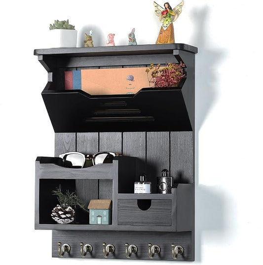 DOPACE Handcrafted Pine Wood Mail Organizer & Key Holder, Black | Hand-polished natural pine wood with storage drawer & 6 hooks, Fine spray paint finish, Easy wall mount by DDOPACE