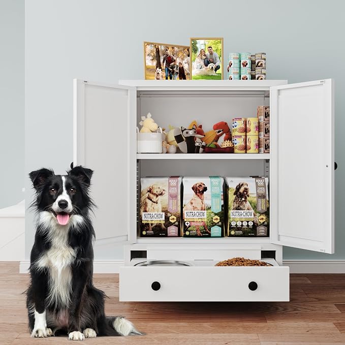 Dog Feeding Station with Storage, Metal Dog Food Storage Cabinet with 2 Elevated Bowls and 3 Hooks, Pet Feeding Station and Dogs Food Storage Organizer, White - Image 7