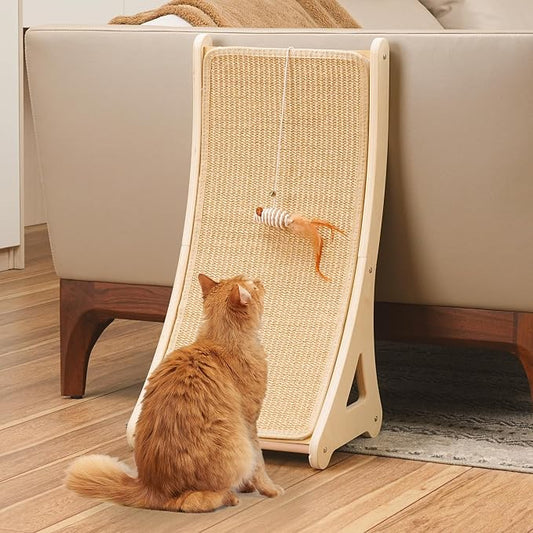 PETKARAY Curved Cat Scratcher, Sisal Kitty Scratching Ramp, L Shape Scratch Pad for Indoor Cats, 25.6" Furniture Protector with Mouse Toy by PETKARAY