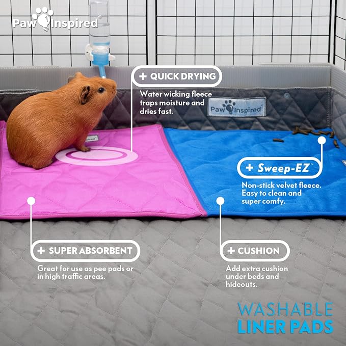 Paw Inspired Washable Fleece Guinea Pig Cage Liner Pads,12x12 Inch, Pink | Corner Mat, Pee Pad, Super Absorbent Bedding, Waterproof Bottom, Guinea Pigs, Ferrets, Rabbits, Hamsters, Small Animals - Image 3