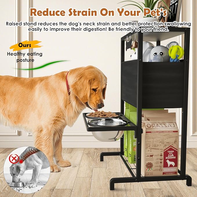 Elevated Dog Bowls: Height Adjustable Raised Dog Stand (4.5'' to 12'') 2 * 1700ml Stainless Steel Bowls + Slow Feeder, Feeding Station w/Storage Organizer & Toy Basket for Medium/Large Breeds - Image 2