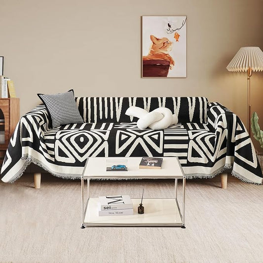 71" x 118" Chenille Couch Cover with Black Geometry Pattern for Sectional Sofa Loveseat Futon L Shaped Cover Reversible Sofa Slipcover Non Slip Sofa Cover Pet Cat Protector Washable by TOYROOM