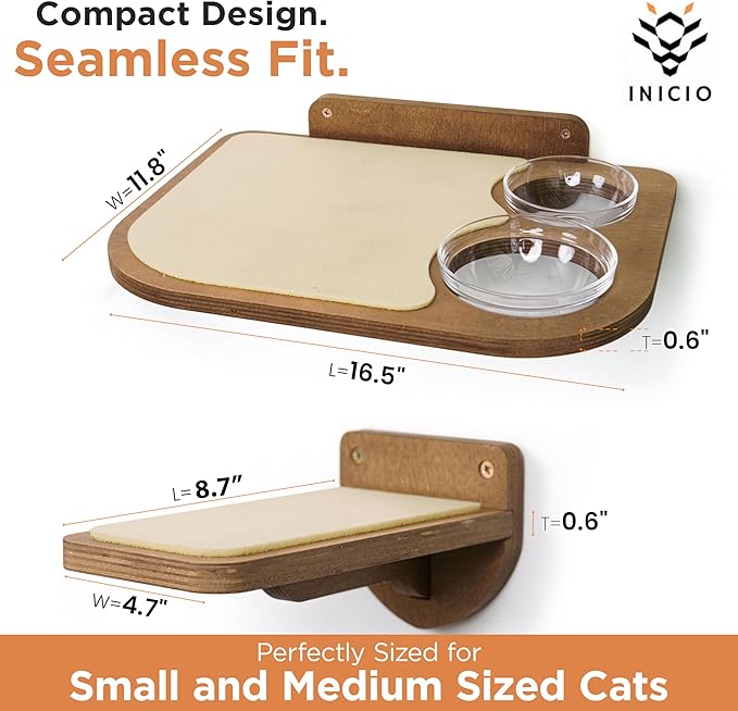 INICIO Cat Shelves - Feeding Shelf with 3 Cat Wall Steps - Natural Wood | Cat Wall Shelves with Wall Mounted Cat Food Bowls - Dog Proof Feeding Station and Convenient Feeder for Cats up to 15lbs - Image 4