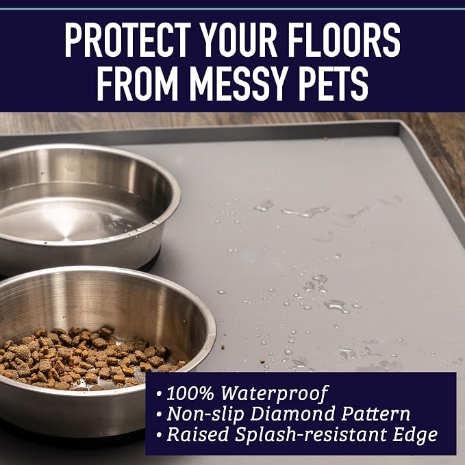 Leash Boss Dog Food Mat – Waterproof Silicone Pet Feeding Mat with Raised Edges for Dogs & Cats, Non-Slip Placemat for Food & Water Bowls, Spill-Proof Floor Protection, Easy to Clean (Grey, Crate) - Image 2