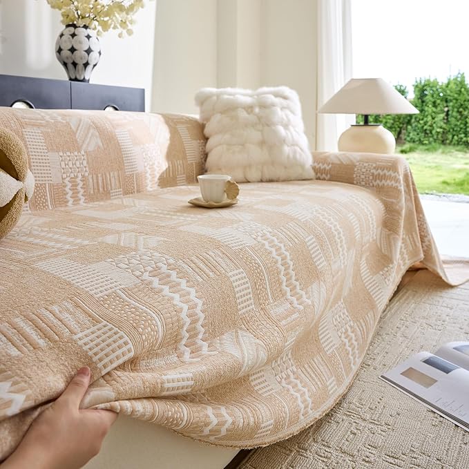 DREAMINGO Vintage Patchwork 3-Layer Gauze Geometric Jacquard Sofa Cover, Farmhouse Couch Cover Blanket for 2 Seater, Living Room Washable Furniture Protector, Apricot Orange, 91"x118" - Image 3