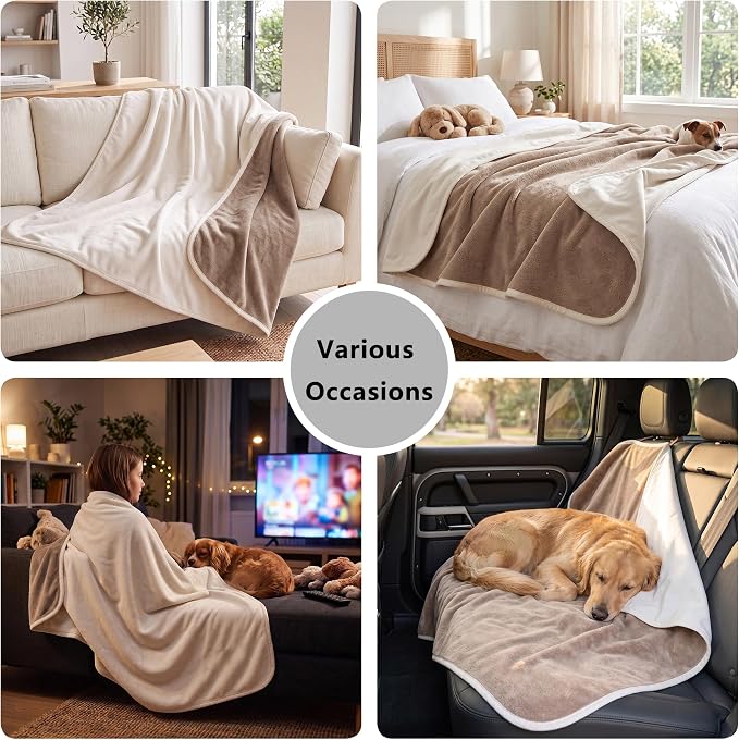 Waterproof Blanket for Dogs - Reversible Furniture Protector | TPU Leak-Proof Liner, Soft Velvet & Flannel Pet Throw, Machine Washable, For Couch and Bed, 52" x 82", Beige/Khaki - Image 6