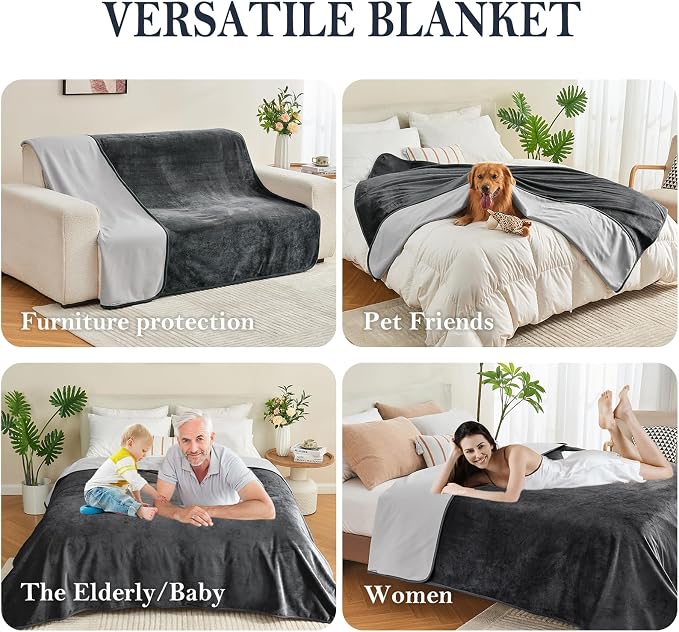 Waterproof Blanket 60"x80" for Adults, Reversible Waterproof Bed Cover for Dogs Cats Pets, Soft Leakproof Blanket for Bed Couch Sofa Furniture Protector, Dark Grey/Light Grey - Image 3