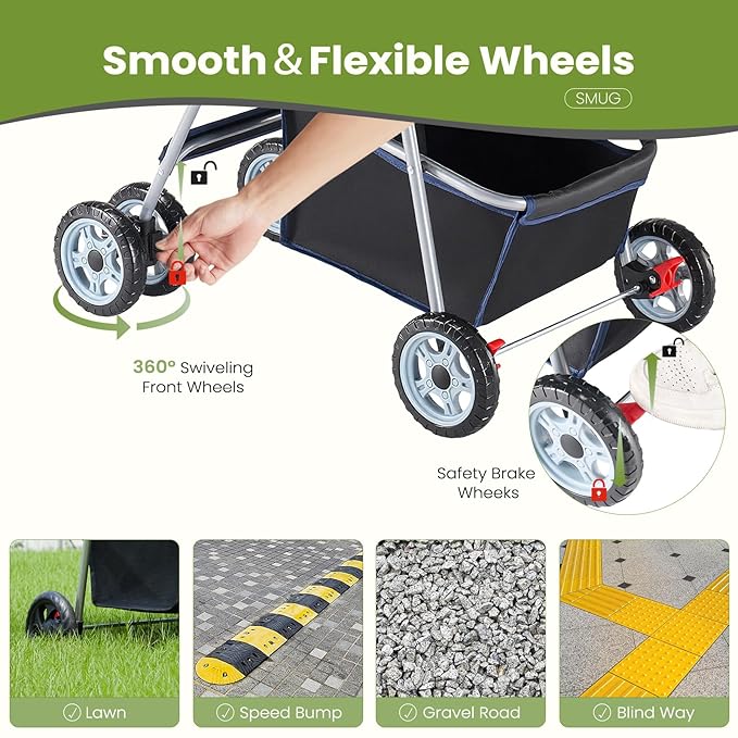 DUMOS 4 Wheels Pet Stroller for Small Dogs and Cats – Foldable Dog Stroller with Mesh Windows, Storage Basket & Cup Holder, Lightweight & Durable Pet Carrier for Travel, Outdoor Use – Black