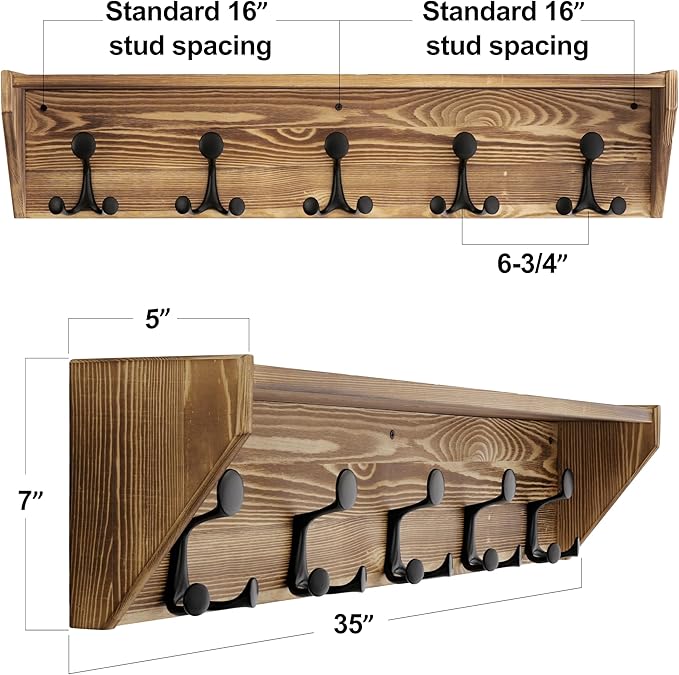 SKOLOO Wall Shelf with Hooks, 35-Inch Coat Rack Wall Mount with Shelf Organizer - Heavy Duty, 5 Tri Hooks - Perfect for Entryway, Hallway, Living Room, Bedroom, Mudroom, Wood Brown & Black - Image 2