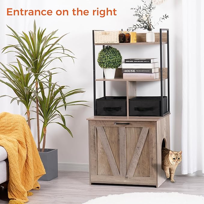DWANTON Litter Box Enclosure with 2 Storage Shelves and 2 Drawers, 2-in-1 Hidden Cat Litter Box Enclosure Furniture with Shelf, Reversible Entrance, Washable Drawers, 50-Inch, Greige - Image 2