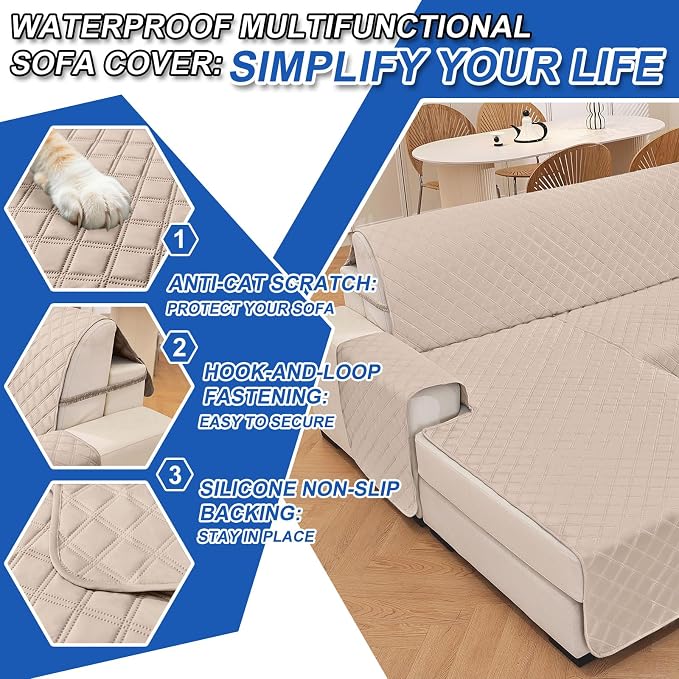 Waterproof Large Sectional Couch Covers for Dogs, Reversible L Shaped Couch Cover, Sofa Covers Washable Sectional, Furniture Protector Cover for Pets Kids (X-Large, Beige) - Image 6