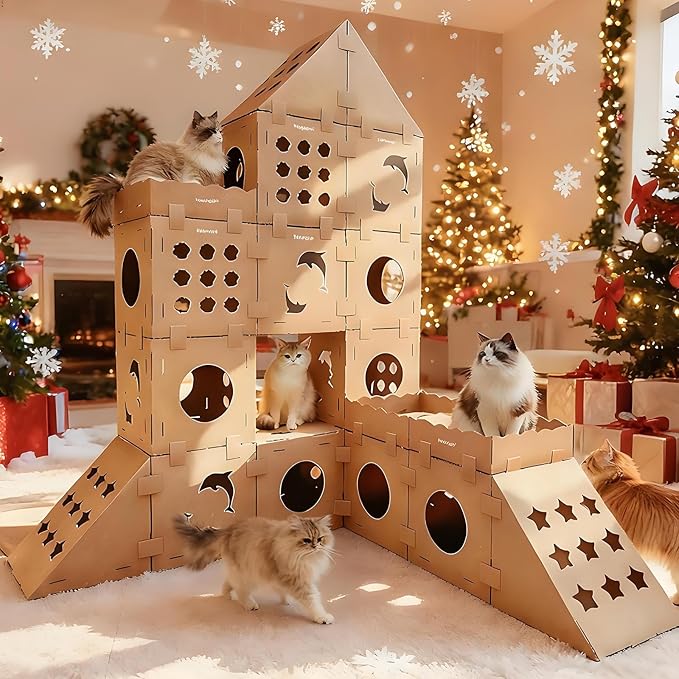 DIY Cat Scratcher Cardboard House, Scratching Cat Play House, a Versatile Box, Indoor Kitty Scratcher Hideout for One or More Cats Brown, Cat Tower Castle Tunnel 10 Parts - Image 2