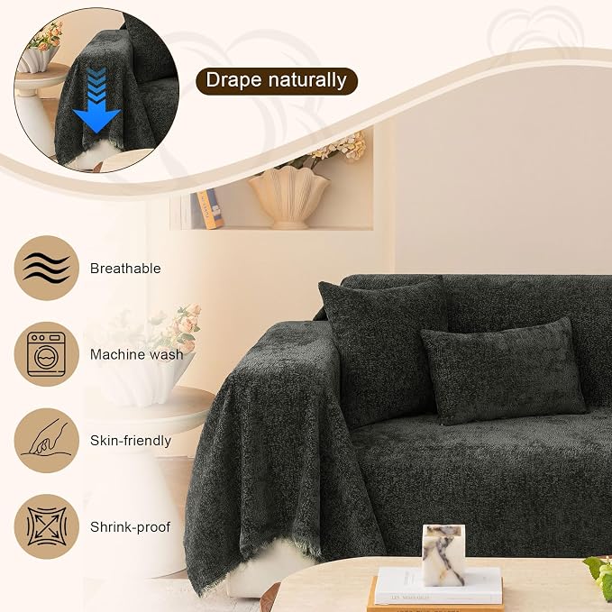 ROOMLIFE Boho Couch Covers for Sofa Washable for 2 Cushion Couch Chenille | Furniture Protector Sofa Couch Cover for Dogs, Soft Breathable Sofa Slipcover, Couch Throw Blankets with Tassels 71''X118'' - Image 2