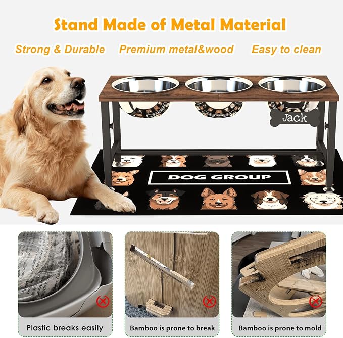 ADENGL Triple Elevated Dog Bowls Stand for Multiple Dogs, 3 Height Adjustable Raised Dog Bowl Stand with 3 Stainless Steel 1700ml(58oz) Bowls & Wood Tray & Mat - Image 6