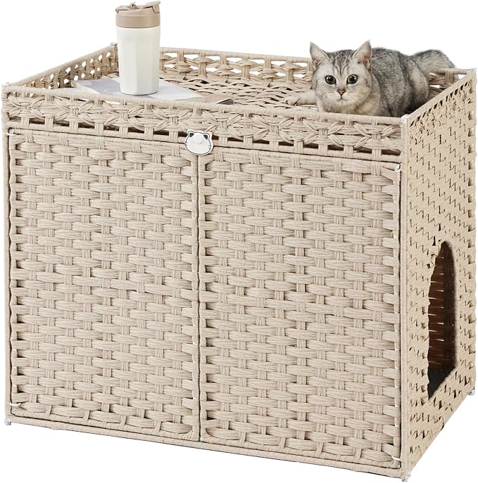 SETVSON Cat Litter Box Enclosure Furniture, Hidden Litter Box, Cat Litter Box Cabinet with 2 Litter Mats, Handwoven Rattan Large Space Cat House Indoor, Living Room, Bedroom, Apartment Light Khaki by SETVSON