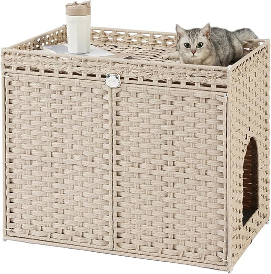 SETVSON Cat Litter Box Enclosure Furniture, Hidden Litter Box, Cat Litter Box Cabinet with 2 Litter Mats, Handwoven Rattan Large Space Cat House Indoor, Living Room, Bedroom, Apartment Light Khaki by SETVSON