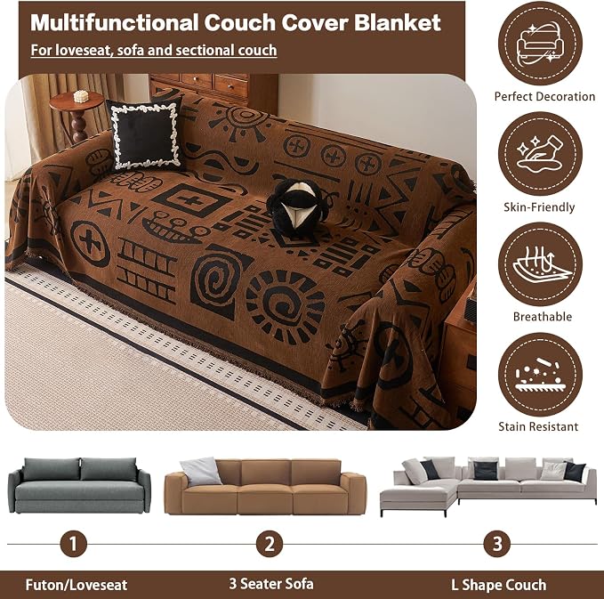 DREAMINGO Brown Japandi Couch Cover Boho Tribal Jacquard Sofa Covers for 3 Cushion Couch Thick Soft Chenille Living Room Furniture Futon Sectional Sofa Slipcovers Washable, XX-Large 71"x150" - Image 3