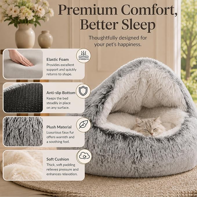 ShinHye Cat Bed Round Plush Fluffy Hooded Cat Bed Cave, Cozy for Indoor Cats or Small Dog beds, Soothing Pet Beds Doughnut Calm Anti-nxiety Dog Bed - Waterproof Bottom Washable (20×20inch, Grey) - Image 5