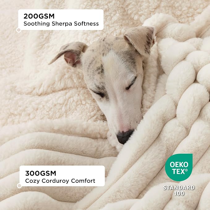 Bedsure ComfyFleece™ Waterproof Blanket for Bed, King（86"x108"） Cream | Soft Plush Bed Couch Cover Corduroy Fleece for Furniture Protector, Cozy Calming Reversible Dog Blankets for Large Dogs Pet - Image 2