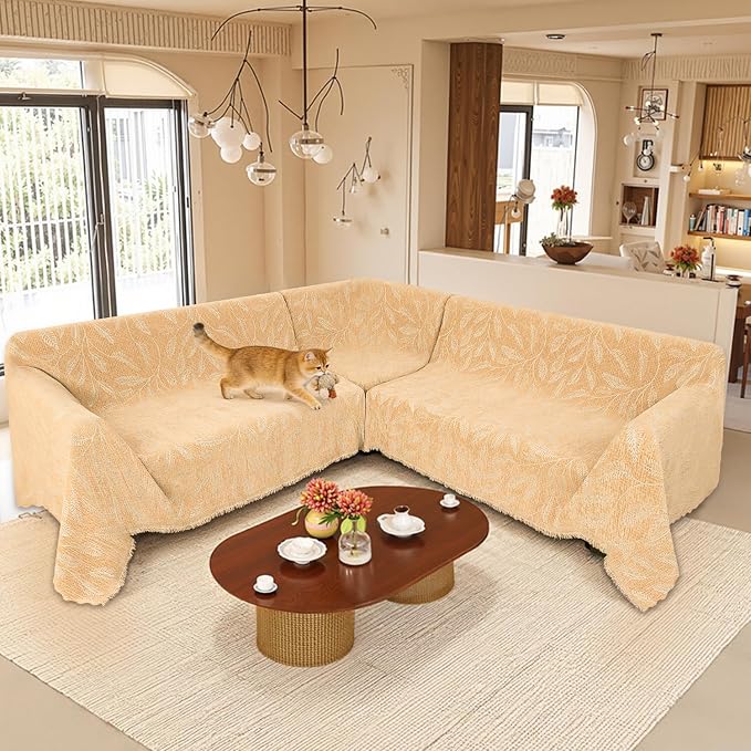 1OO% Waterproof Sectional Couch Covers for Dogs L Shaped Corner Sofa Cover Washable Chenille Sofa Slipcovers Blanket Modern Jacquard Pet Furniture Protector (91"x252", Light Tan) - Image 2