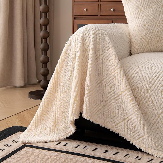ROOMLIFE Striped Boho White Couch Cover for 2-3 Cushion Sofa, Fuzzy Plush Warm Sofa Slipcovers Sectional Sofas Covers, Non Slip Washable Furniture Protector Soft with Tassel,Winter 71''X134” - Image 8