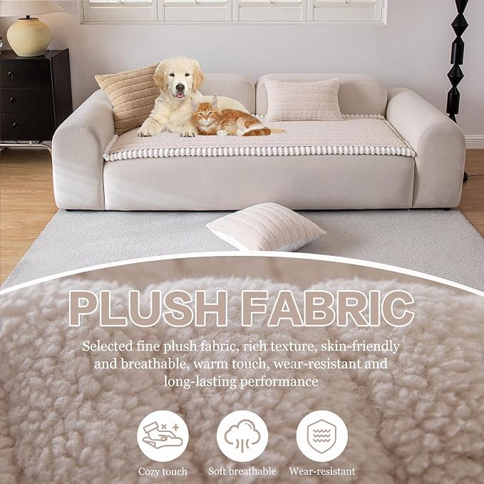 DREAMINGO Non Slip Couch Cover for Dogs Fuzzy Pet Sofa Covers Washable Thick Plush Sofa Slipcover Striped Texture Beige Cushion Protector Dog Cat Bed Mat 27.6x59.1 Inch - Image 2