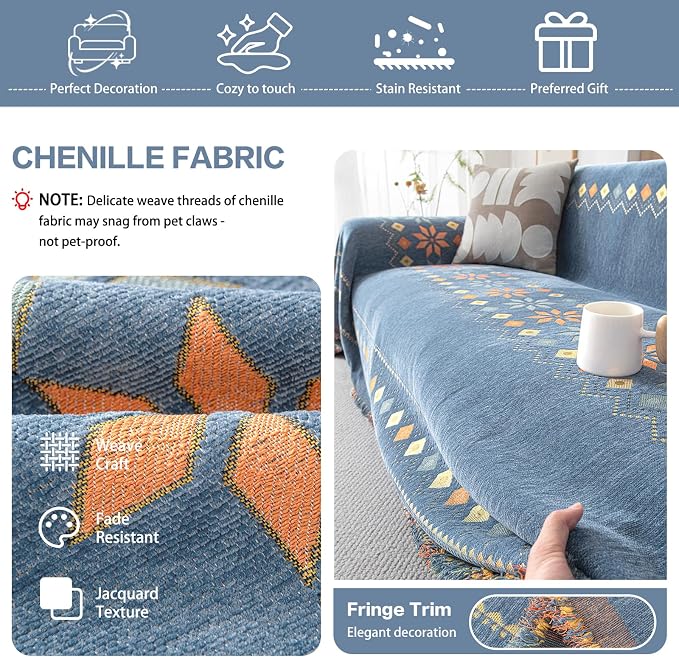 DREAMINGO Couch Cover Chenille Boho Sofa Covers for Dog Reversible Geometric Couch Throw Cover Sectional Couch Covers for 3 Cushion Couch L Shaped Sofa Cover Blue Furniture Protector, 71"x134" - Image 3