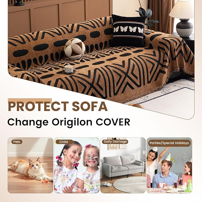 STACYPIK Boho Dark Khaki Couch Cover for Sofa Black Striped Sofa Cover for Pets Non Slip Dogs Furniture Protector for 3 Cushion Couch for Living Room Washable Multi-Use Sectional Couch Cover-71X150IN - Image 2