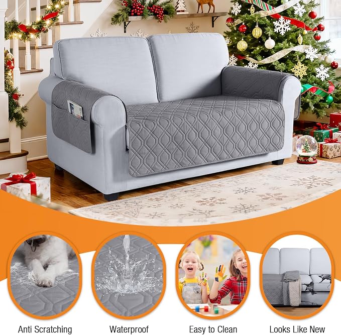 VANSOFY Waterproof Loveseat Couch Cover for Pets, Light Gray, 47.2" | Non-Slip, Washable, Utility Pockets, Pet Friendly, Furniture Protector Slipcover for 2 Cushion Couch - Image 4