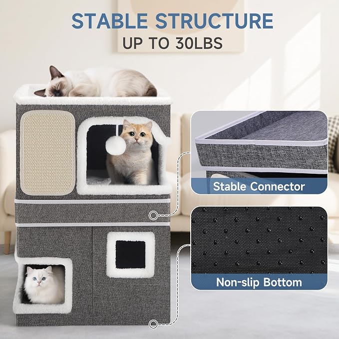 Double Cat Beds for Indoor Cats, 2-Storey Cat House with Large Cozy Hideaways, Dual Purpose Cat Cave Cube with Scratch Pads, Fluffy Balls, Foldable Indoor Cat Houses for Multi Small Pets Kitten, Grey - Image 4