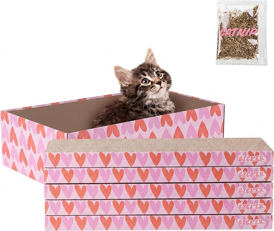 Naomi 18" x 10" Reversible Corrugated Cardboard Cat Scratcher Pads with Catnip, 5-Pack, Pink/Red Hearts Pattern Modern Furniture Protector CSR1009E by THELICKERSTORE