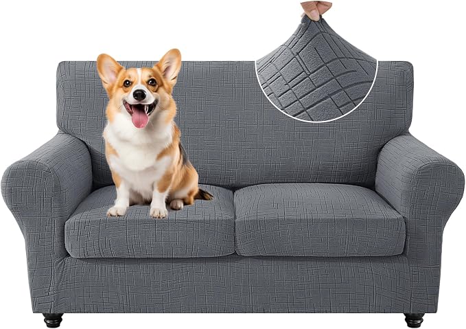 CYCMCAO 3 Piece Stretch Sofa Cover Couch Covers for 2 Cushion Couch, Loveseat Covers Stay in Place, Sofa Covers Washable with Elastic Bottom for Dogs (Light Gray), 71"-91" (2 Cushion Sofa) by CYCMACOHOME