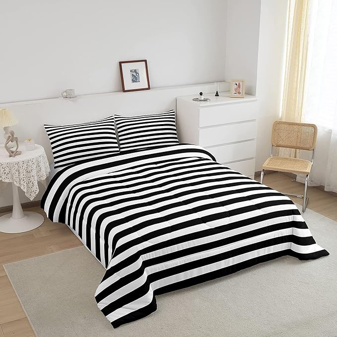 Striped Comforter Set Black and White Stripe Bedding Set King Kids Boys Girls Women Men Farmhouse Ticking Stripes Duvet Set Modern Geometric Lines Adults Abstract Gothic Home Decor Soft Reversible - Image 3