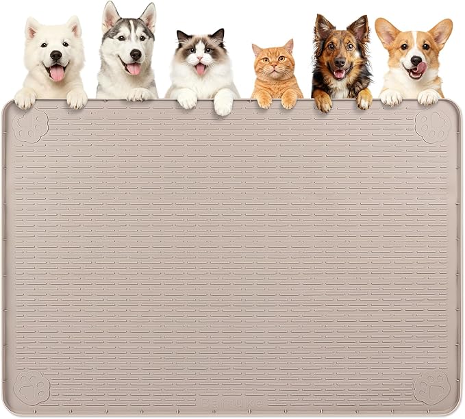 Dog Food Mat 57''x40'' Extra Large Dog Mat for Food and Water, Khaki | Silicone Dog Bowl Mat with Raised Edge, Waterproof Non-Slip Pet Feeding Mat for Floors, fit for Dog Cat Bowls by Bartuke