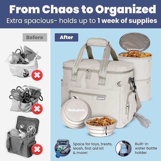 Rubyloo Original Doggy Bag™ Dog Travel Bag for Supplies with Travel Bowls | 2 BPA-Free Collapsible Bowls, 2 Pet Food Containers, TSA-Ready, Road Trips, Camping, Weekend Getaways, Doggy Gift, Beige - Image 5