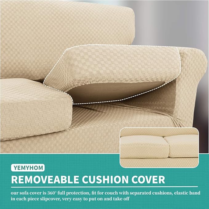 YEMYHOM Latest Checkered 4 Pieces Couch Covers for 3 Cushion Couch Extra Large High Stretch Thickened Sofa Cover for Dogs Pets Furniture Protector Sofa Slipcovers (Beige), 91"-110"(3 Cushions) - Image 4