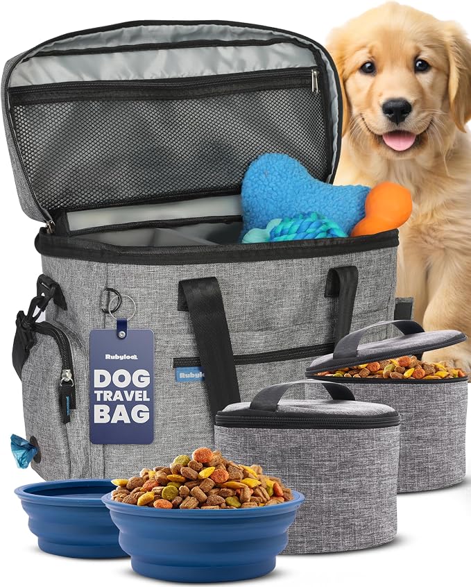 Rubyloo Original Doggy Bag™ Dog Travel Bag for Supplies with Travel Bowls | 2 BPA-Free Collapsible Bowls, 2 Pet Food Containers, TSA-Ready, Road Trips, Camping, Weekend Getaways, Doggy Gift, Grey by Rubyloo