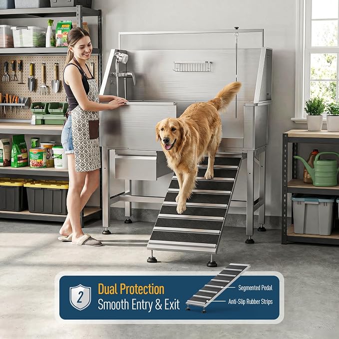 Professional Dog Washing Station, 46 Inch 304 Stainless Steel Pet Grooming Tub with Side-Mounted Faucet, Telescopic Ramp & Storage Drawer for Large & Senior Dogs, Outdoor Raised Sink (46" Right Ramp) - Image 6