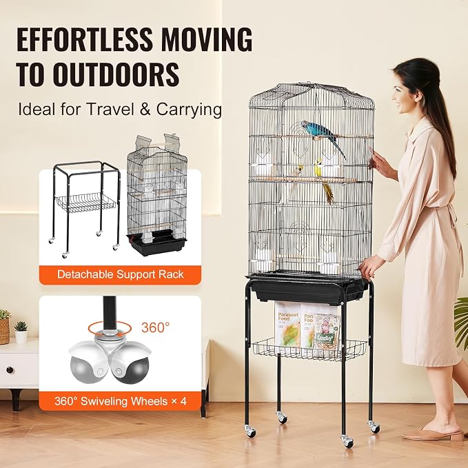 VEVOR 64-inch Open Top Large Parrot Bird Cage with Detachable Rolling Stand for Parakeets Finches Canaries Lovebirds Cockatiels Budgies Small Quaker Conures Flight Birdcage with Swing and Perch - Image 5