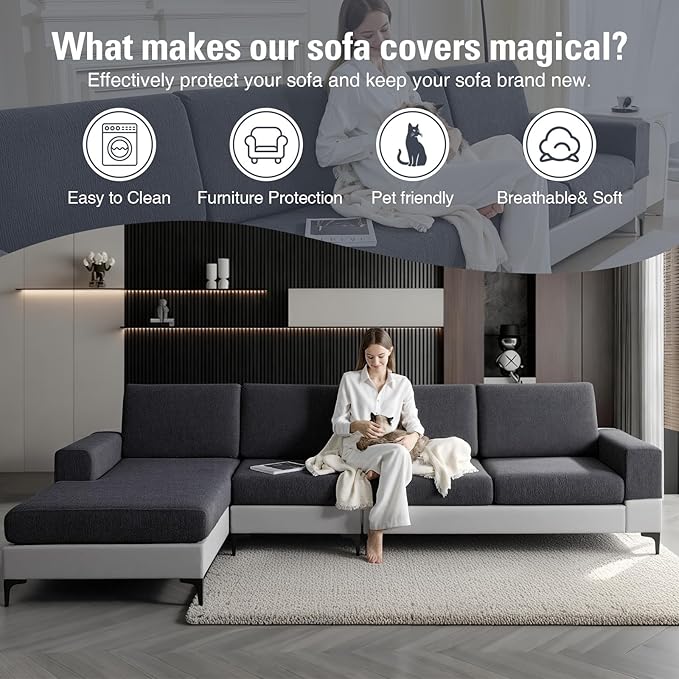 Couch Cushion Covers for Sectional Sofa Stretch Sofa Slipcovers Washable Wear-Resistant Sectional Couch Covers L Shaped Seats Furniture Protectors for Pets(Dark Grey, 2 Seater + 1 Chaise) - Image 6