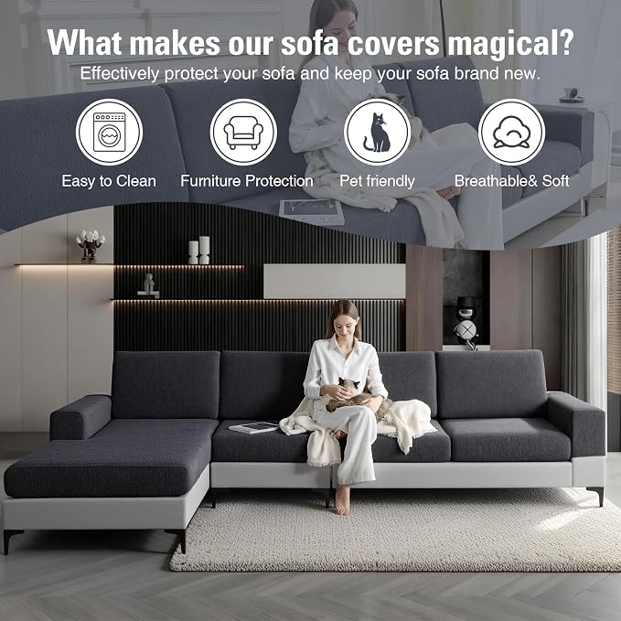 Couch Cushion Covers for Sectional Sofa Stretch Sofa Slipcovers Washable Wear-Resistant Sectional Couch Covers L Shaped Seats Furniture Protectors for Pets(Dark Grey, 2 Seater + 1 Chaise) - Image 6