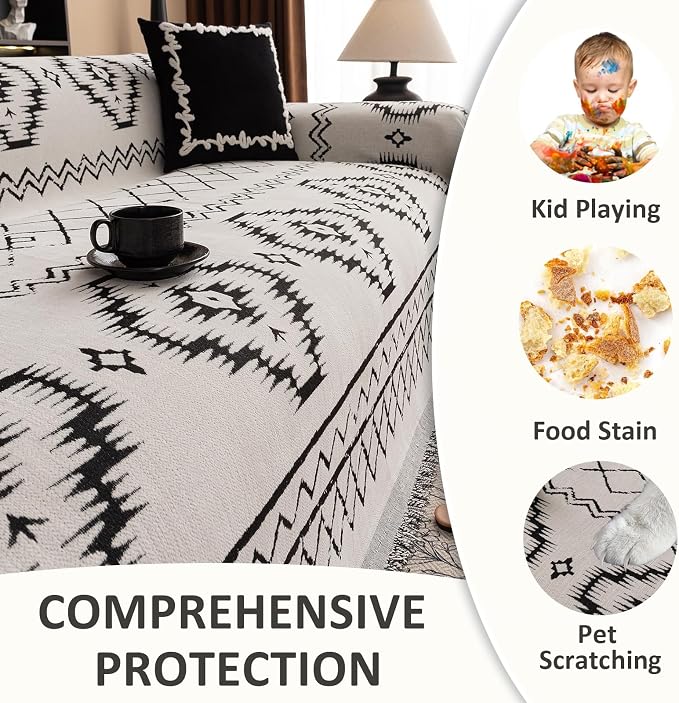 VClife Boho Aztec Couch Cover Retro Couch Cover for 2 Cushion Couch Sofa, Western White Loveseat Cover with Black Tribal Pattern, Soft Thick Chenille Furniture Sofa Covers wit Tassel, White, 71"X118" - Image 7
