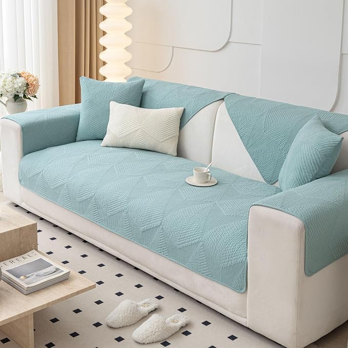 vctops Cotton Quilted Couch Covers for Sectional Sofa (Blue,36"x63") | Geometric Washable Non Slip Sofa Slipcover for Dogs, Children, Pets Furniture Protector Cover - Image 5