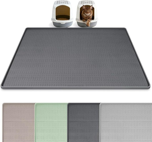 Silicone Cat Litter Mat 47" x 35" Cat Mat for Litter Box, Dark Grey | Extra Large Cat Litter Trapping Mat for Floor, Waterproof, Non-Slip Kitty Litter Box Mat with Raised Edge, Easy to Clean by Bartuke