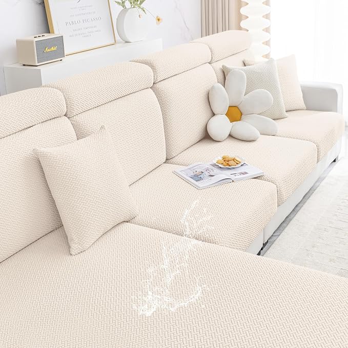 Smiry Waterproof Couch Cushion Covers, Non Slip Seat Cushion Covers | Stretch Jacquard Sectional Sofa Slipcover, Washable Elastic Furniture Protector for Pets, Kid, 3 Pieces, Light Beige by Smiry