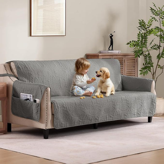 Quilted Grand Sofa Covers Washable, Couch Cover for Grand Sofa, Soft Cozy Couch Protector for 4 Cushion Couch, Oversized Grand Sofa Slipcovers Water-Repellent (Grand Sofa 88", Cool Gray) by Pamhaven
