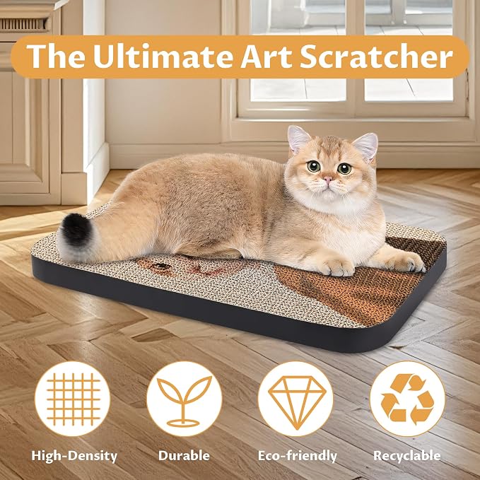 Cat Wall Scratcher, Art Cat Scratching Board for Indoor Cats | Wall Mounted Cat Scratch Pad, Water-Based Ink, Hook&Loop Strips, Floor or Wall Use, 16.7x11x1 Inch, Cat with Pearl Earring - Image 4