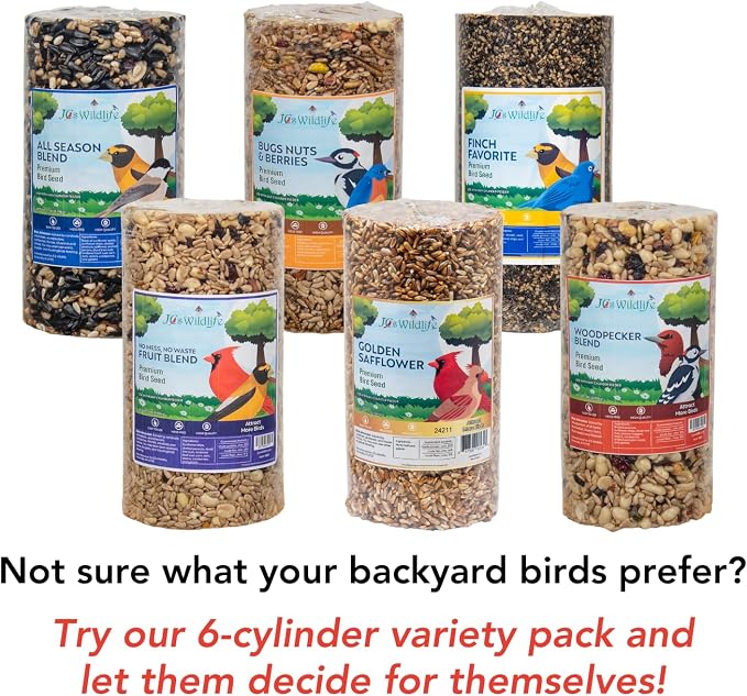 JCs Wildlife Bird Seed Cylinder with Hole Variety Pack, Premium Blends Wild Bird Food for Outside Feeders, Cardinals Woodpeckers Finches Bluebirds Chickadees, Made in the USA, Small, 6 Pack - Image 2
