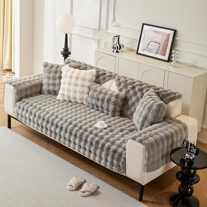 DREAMINGO Faux Fur Couch Armrest Cover, Soft Plush Sofa Covers for Pet Washable, Non Slip Furniture Protector for 2-3 Cushion Couch Sofa, 27.6x27.6 Inch, Grey - Image 7